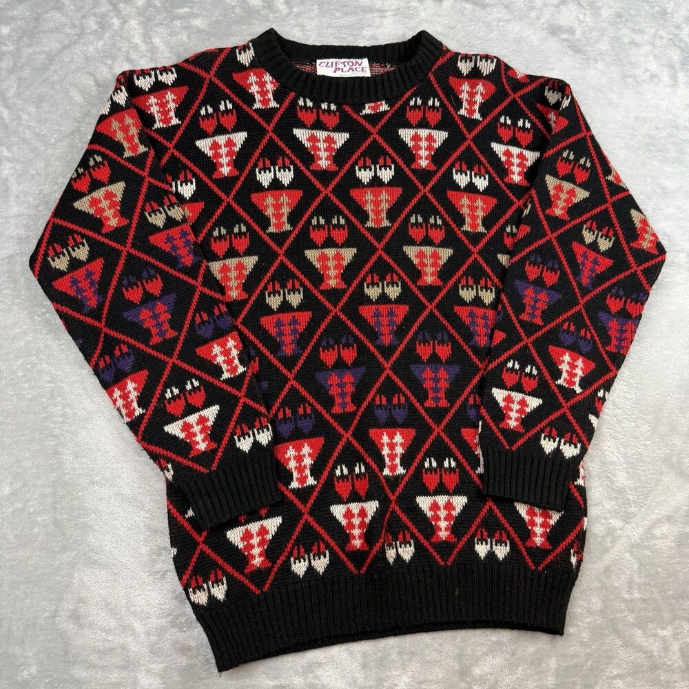 Clifton Place Knits Vintage 80s Black Geometric Novelty Knit Sweater USA Large